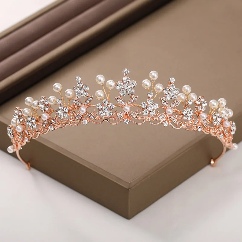 

High-end Atmosphere Rose Gold Inlaid Faux Pearl Rhinestone Hair Jewelry Flower Shape Woman Photography Crown Headwear LL@17