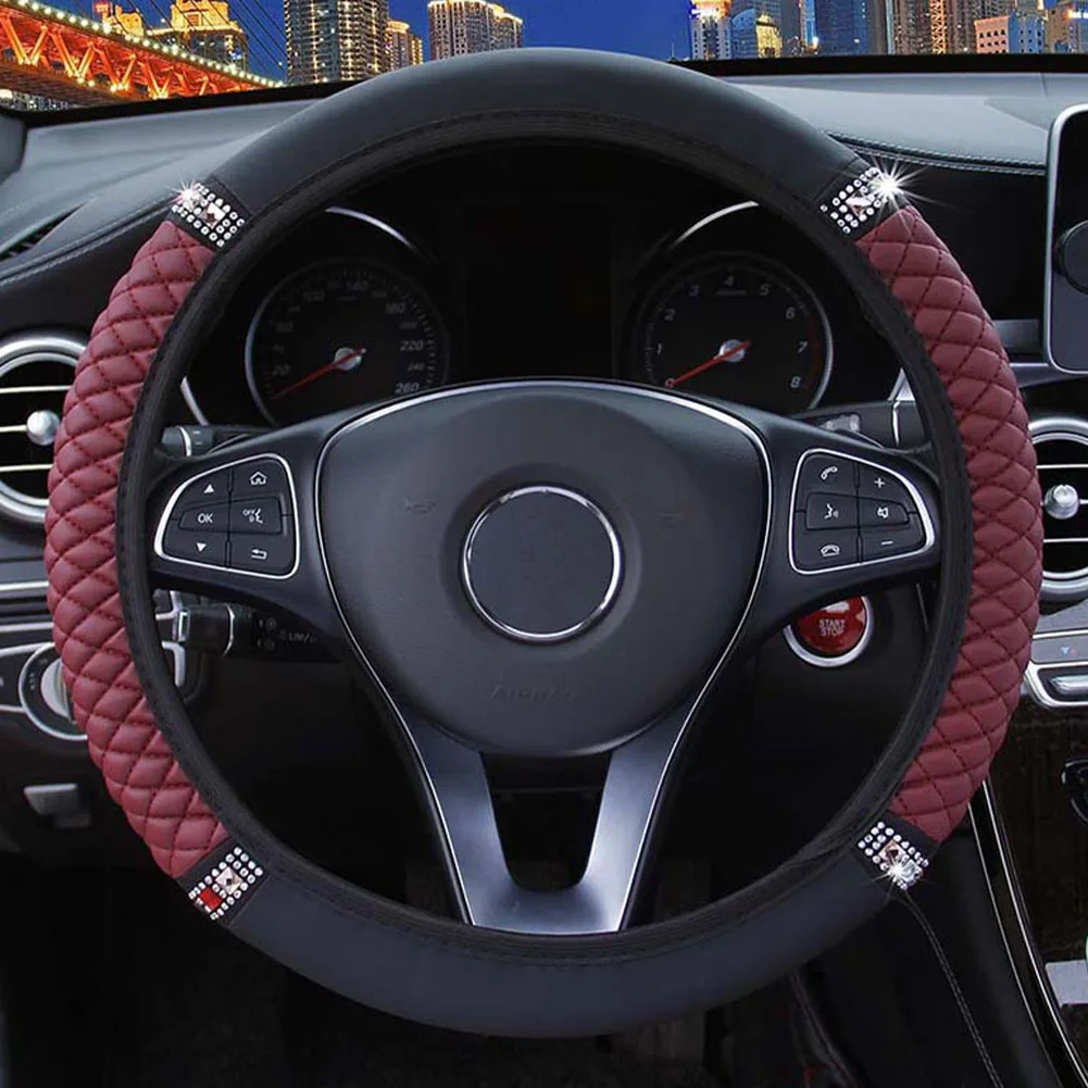 

14.5" 15" Universal Steering Wheel Cover Faux Leather with Rhinestones Embroidery Color Elastic Car Styling Interior Accessories