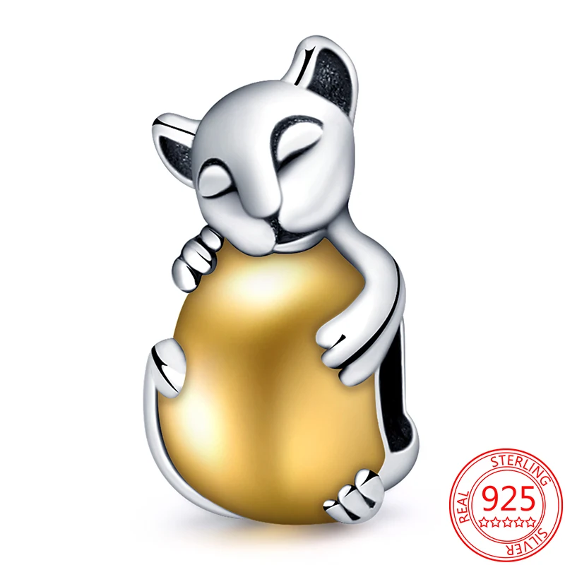 

925 Sterling Silver cute Golden cat bead charms for bracelet making Fit Original Pandora Bracelet Festival Fine Jewelry Gift
