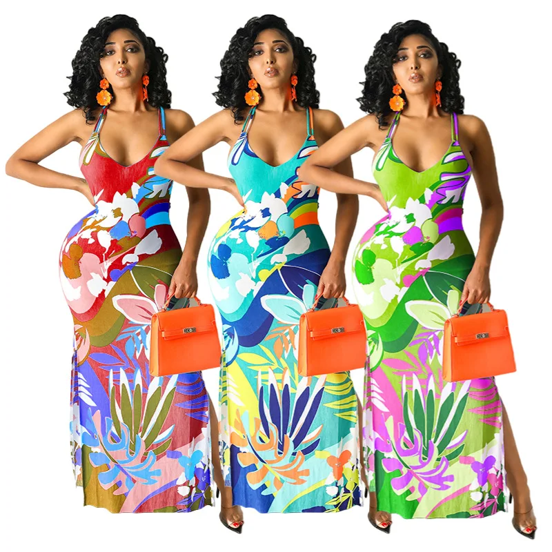 

Hot selling product supply european and american special printed sheath split sexy dress large swing skirt color large size