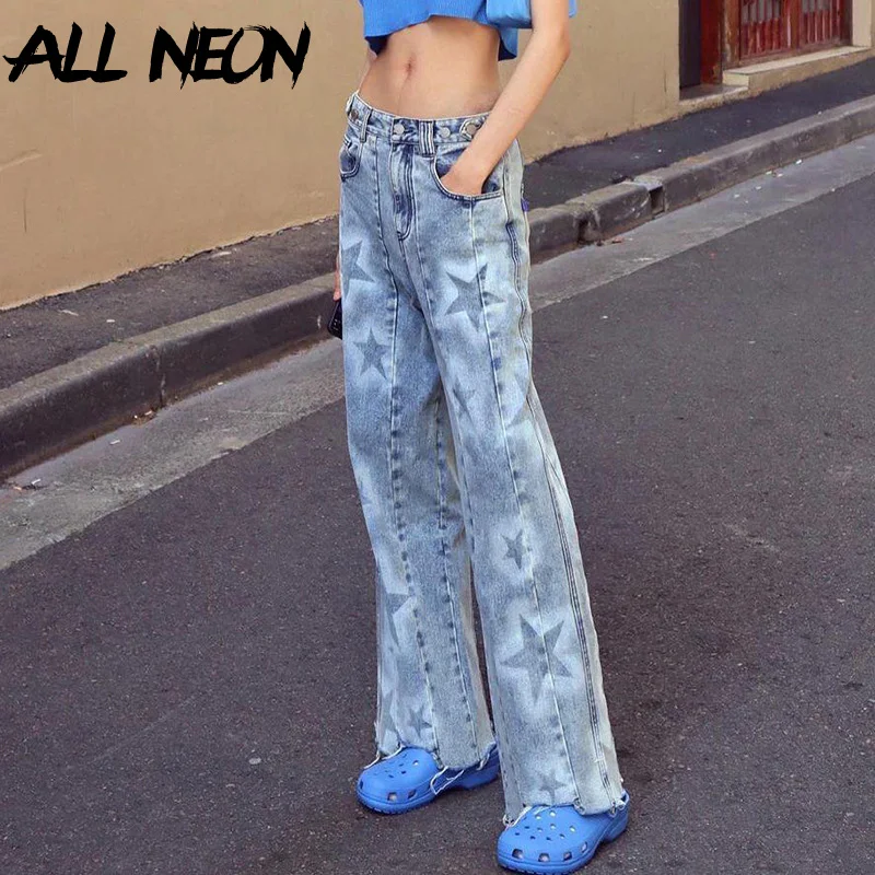 

ALLNeon Y2K Aesthetics Indie Five-pointed Star Print High Waist Jeans 90s Retro Streetwear Full Length Blue Denim Baggy Pants