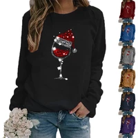 christmas womens sweater christmas hat red wine glass graphic print crew neck long sleeved sweater