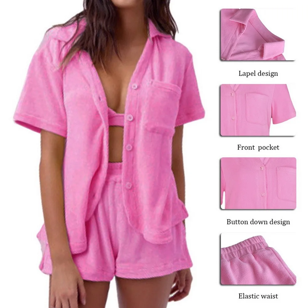 

Summer Short Sleeve Tops + Shorts Suits Homewear Spring Fluffy Soft Women Two Piece Sets Fashion Casual Solid Loose Lady Outfits