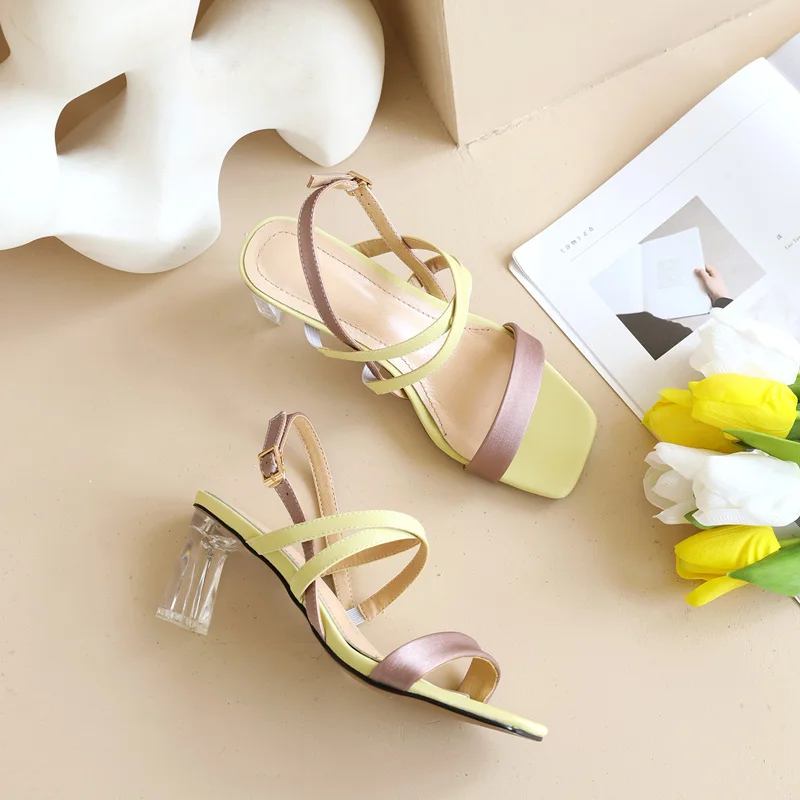 

Summer Color Matching Simple High-Heeled Sandals Transparent Crystal Thick-Heeled Cross Straps Sweet And Cute Women's Sandals