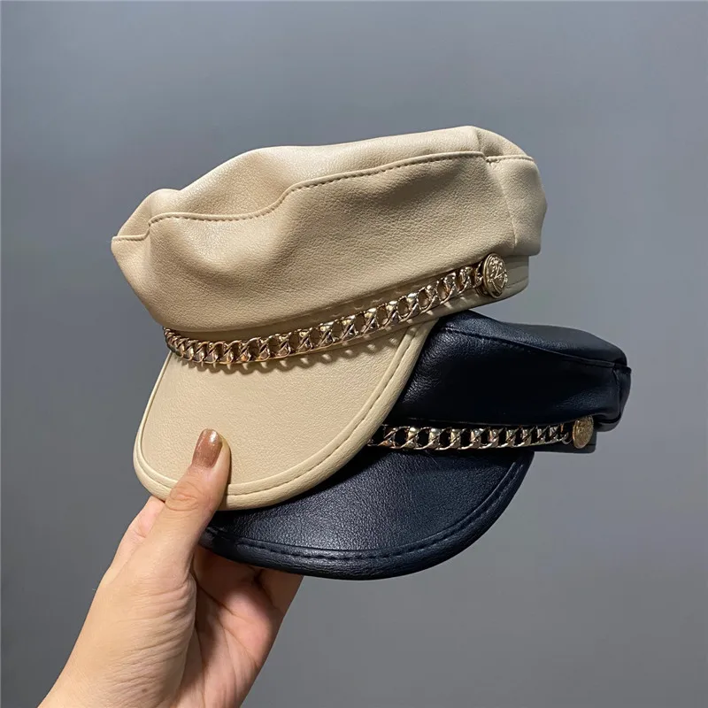 

202109-daifa new autumn British style gold chain pu faux leather fashion street lady Octagonal hat men women visors cap