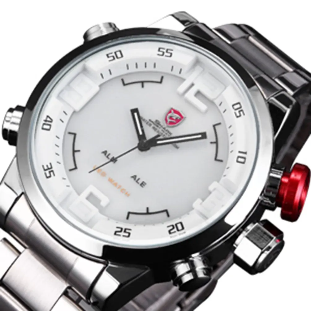 White WT4146802 Бренд Акула Жёлтый Чёрный Цвет Японское Движение Двойный Аналоговой Пояс Времени Даты Военные Часы Мужчины из Нержавеющей Стали Будильник Кварцевые Электронные Спортивные Водонепроницаемые Мужские Наручные Часы/SH107 - Цвет: White WT4146802