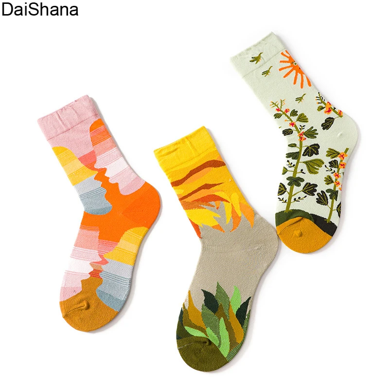 Novelty Happy Funny Women Graphic Socks Combed Cotton Art Abstract Oil Painting Socks French Style Crew Sokken Christmas Gift