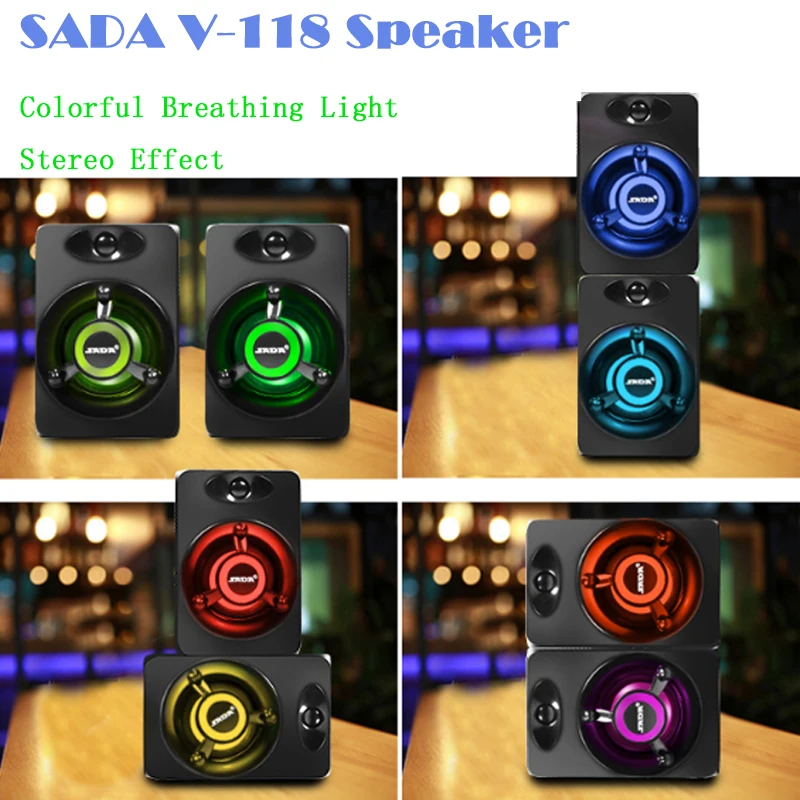 Портативная мини-Колонка SADA V-118 проводная 3 Вт USB цветная светящаяся с сабвуфером