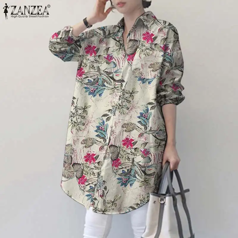 

ZANZEA Solid Work Shirt 2021 Autumn Vintage Oversize Tops Fashion Lady Casual Printed Chemise Womens OL Lapel Long Sleeve Tunic