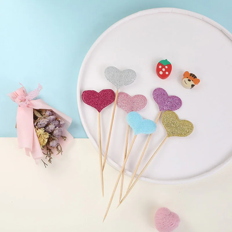 

5Pcs/Set Colored Bling Heart Shape Insert Cards with Toothpick for Wedding Birthday Party Cute Lovely Gifts Cake Decorations