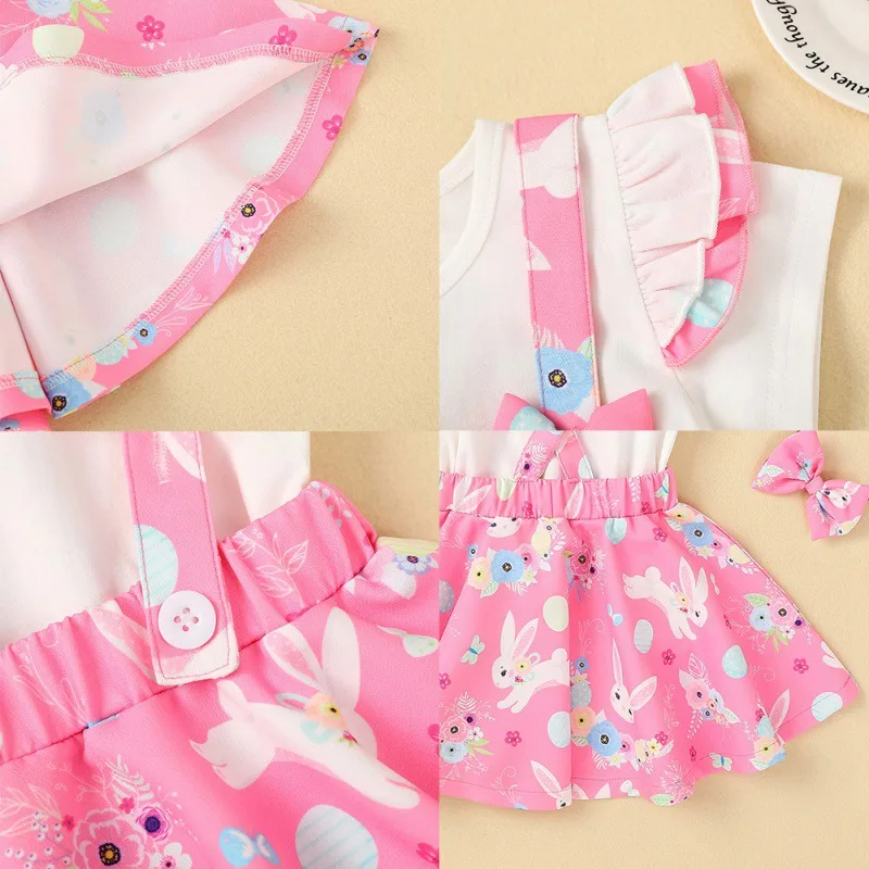 

Summer Baby Children's Girl Clothes Set 3Pcs Kids Girl Ruffled Short Sleeve T-shirt+Rabbit Print Strap Skirt+Headband Outfits