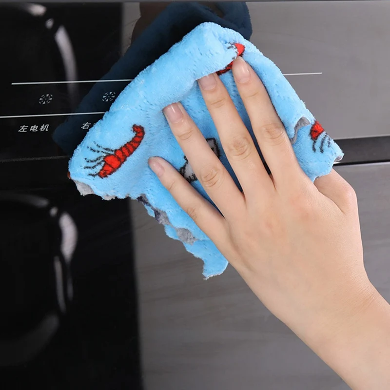 

Coral Fleece Dishcloth Scouring Pad Kitchen Non-sticky Oil Cleaning Cloth Cute Cartoon Double Printed Dish Towel Rag Dishrag