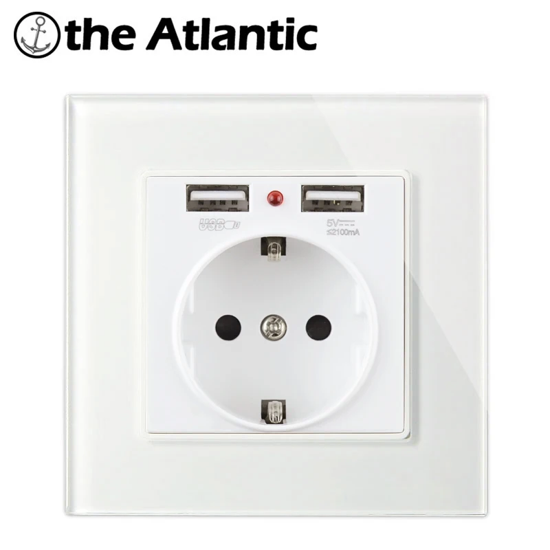Atlectric EU FR стандартная розетка с двумя usb-портами адаптер для зарядки со светодиодным индикатором розетка для настенного зарядного устройства закаленное стекло