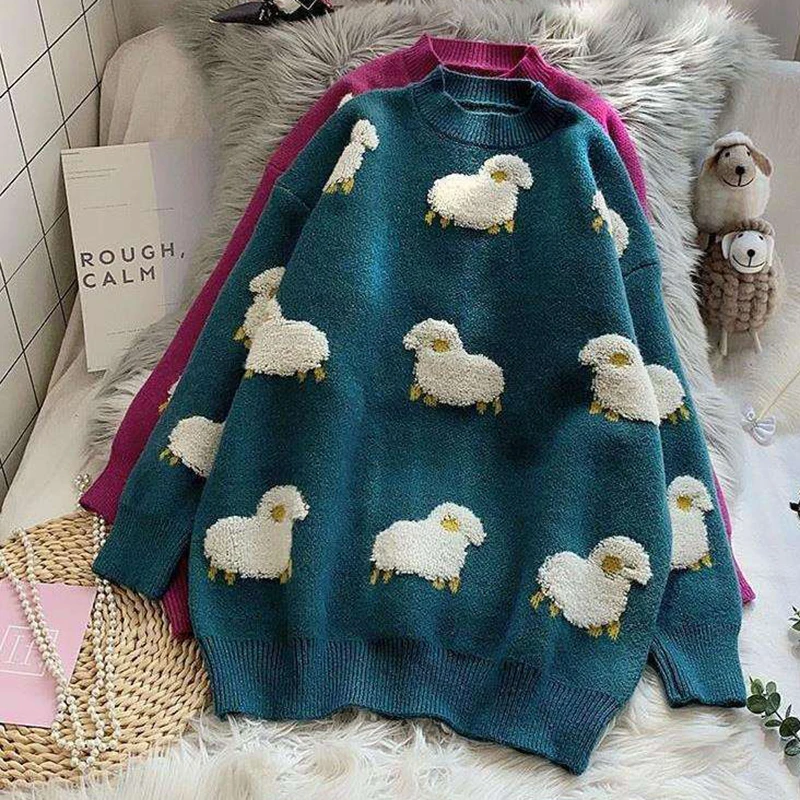 

Cartoon Sheep Print Pullover women's 2021O Collar Loose Knit women's Pullover autumn/winter Knitted Coat Sweet Style Korean Top