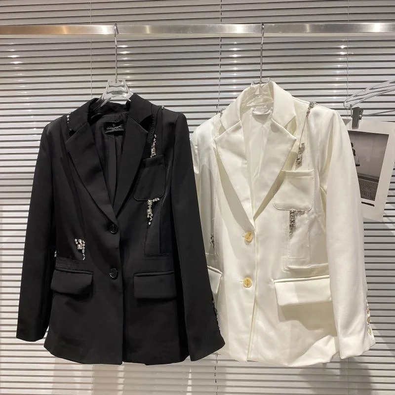 

Shoulder Grain Diamond Blazer Women 2021 Autumn New Fashion Show Bead Back Belt Suit Coat