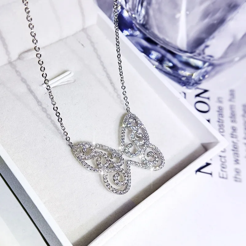 

CAOSHI Fashion Silver Color Butterfly Pendant Necklace Full Paved CZ Stone Elegant Women's Engagement Party Statement Jewelry