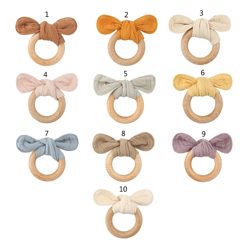 

Baby Rabbit Ear Teether Safe Organic Wood Teething Ring Infant Nursing Training Montessori Toys Gift