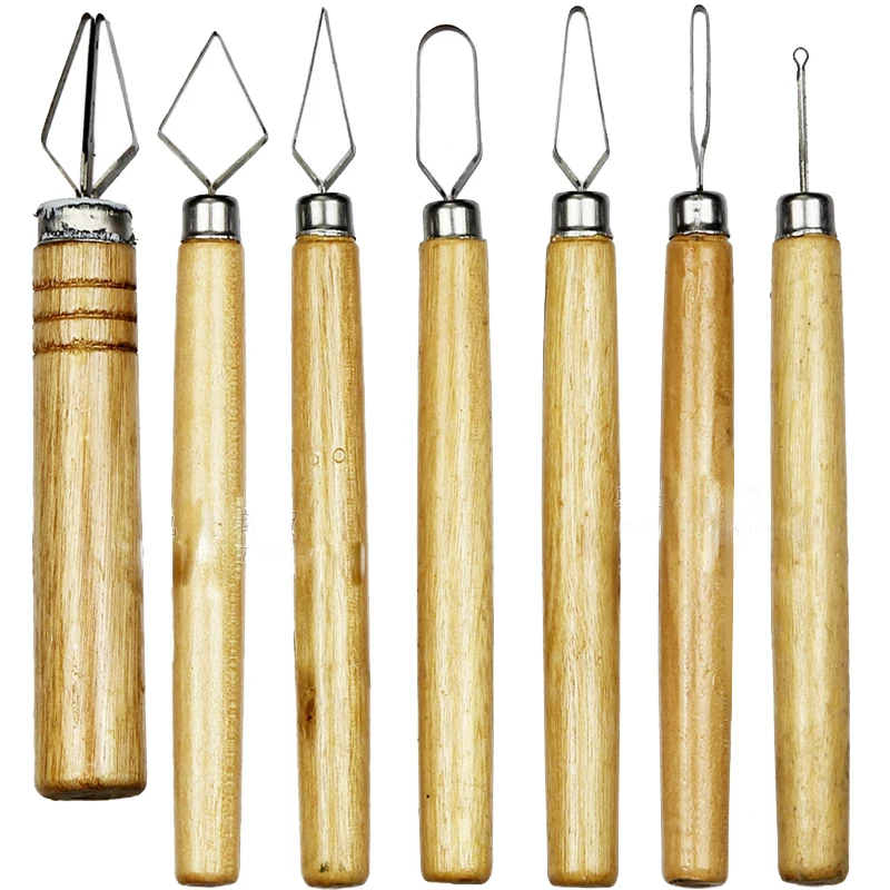 

Ceramic Pottery Ribbon Trimming Polymer Clay Tool Graver Wooden Handle Bracing Wire Knife Sharp Hollow Carving Sculpting Tools