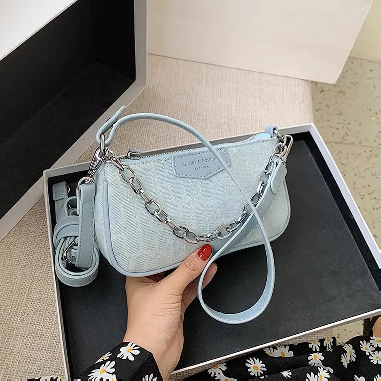 

Hiboom 2021 Design Brand Patent Denim Underarm Bag Mini Women Handbags Luxury Vintage Shoulder Bags Chain Tote Messenger Bag