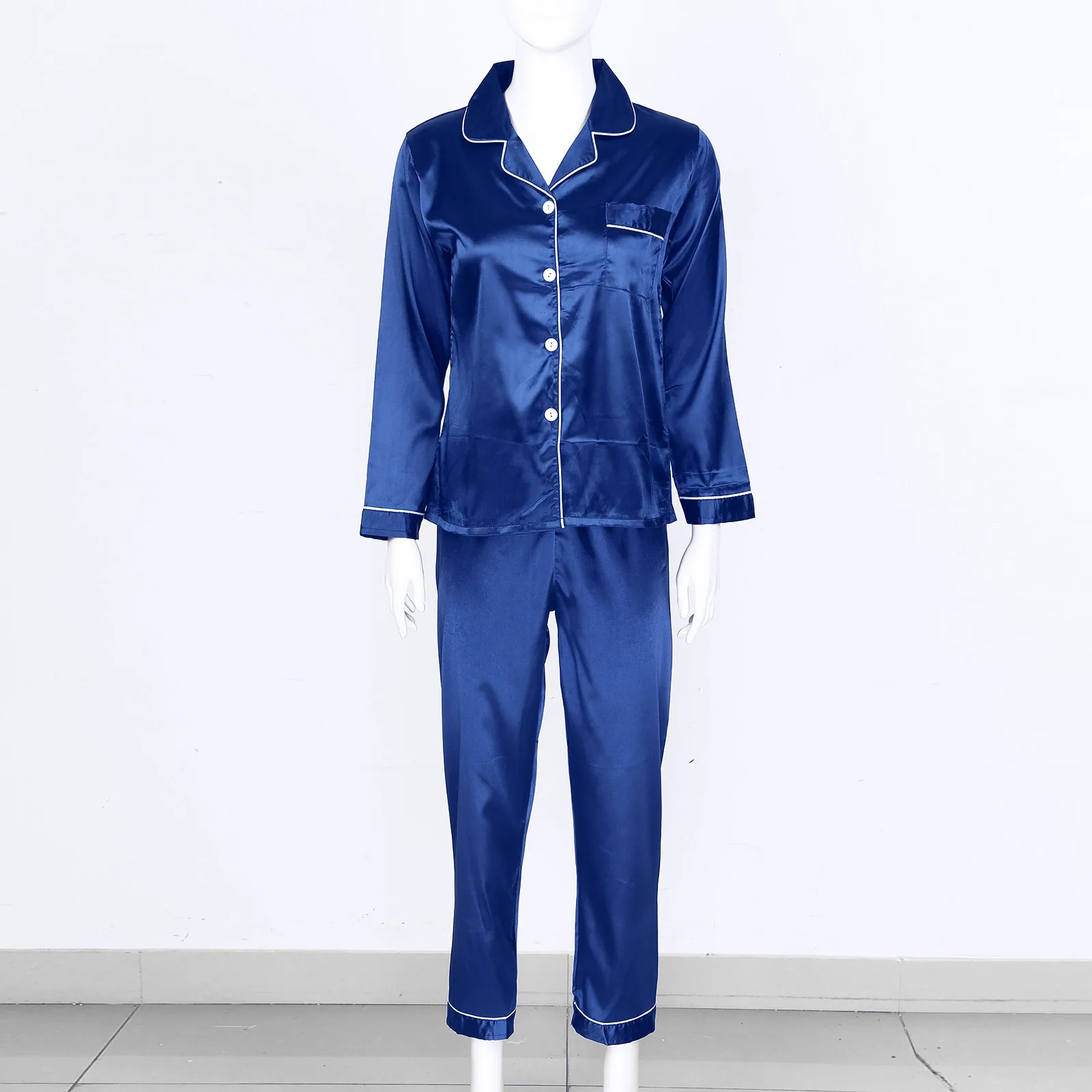 Spring/Autumn Women Sleepwear Long Sleeve Button Down Blouse Shirts Sleep Tops with Pants Satin Pajamas Set Nightwear Loungewear