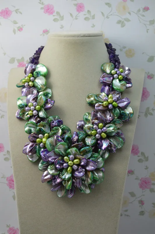 

New Unique Design AA Pearl Shell Flower Necklace Multicolor Pearl Shell Amethyst Fine Jewelry For Lady Wedding Birthday Gift