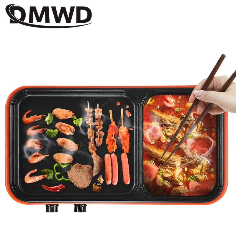 dmwd 220v multifunctional electric barbecue griddle electric pot 2 in 1 for party non stick crepe pancake maker for 1 4 people free global shipping