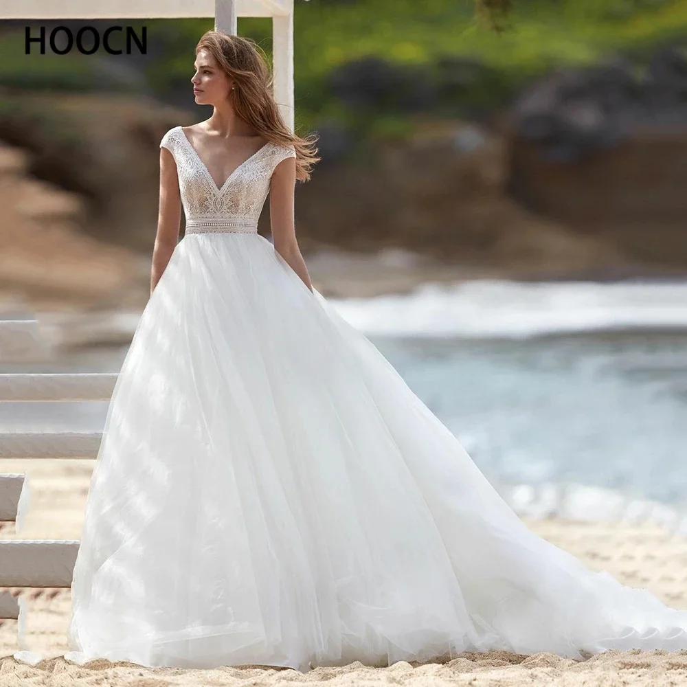 

HERBURNL Princess Ivory Lace and Tulle Beach Wedding dress V-Neck Cap Sleeves Bridal Gowns Chic Sexy Brides Dresses 2022