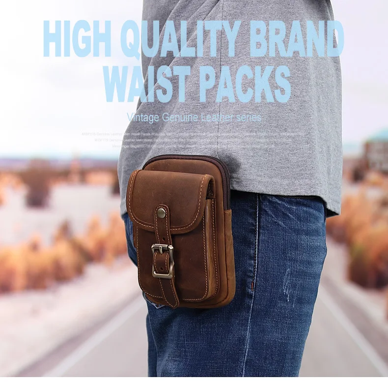 

2020 NEW Genuine Leather Vintage Waist Packs Men Travel Fanny Pack Belt Loops Hip Bum Bag Mobile Phone Pouch Cow Leather Solid