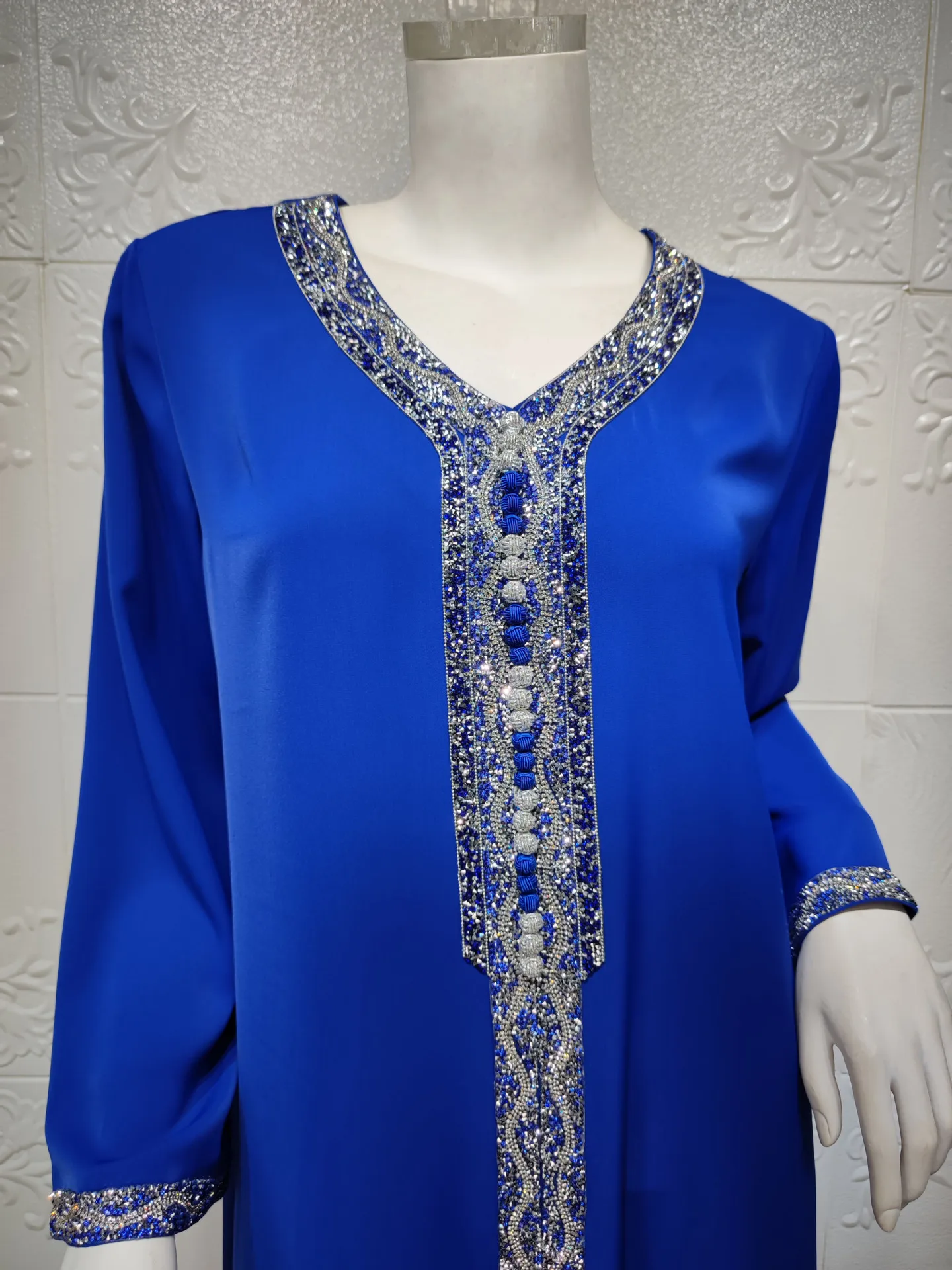

Blue Muslim Dubai Hijab Dress for Women Ramadan Eid Diamond Ribbon Jalabiya Moroccan Kaftan Arabic Middle East Islamic Clothing