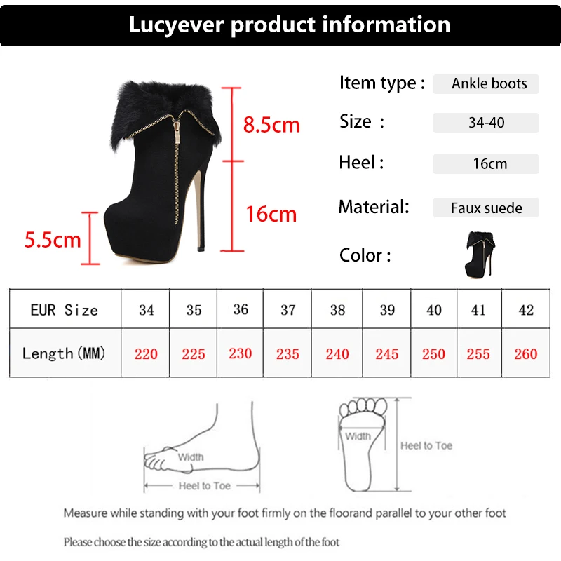 

Lucyever Winter Warm Plush Platform Ankle Boots for Women Side Zipper Super High Heels Stiletto Shoes Woman Black Short Botas