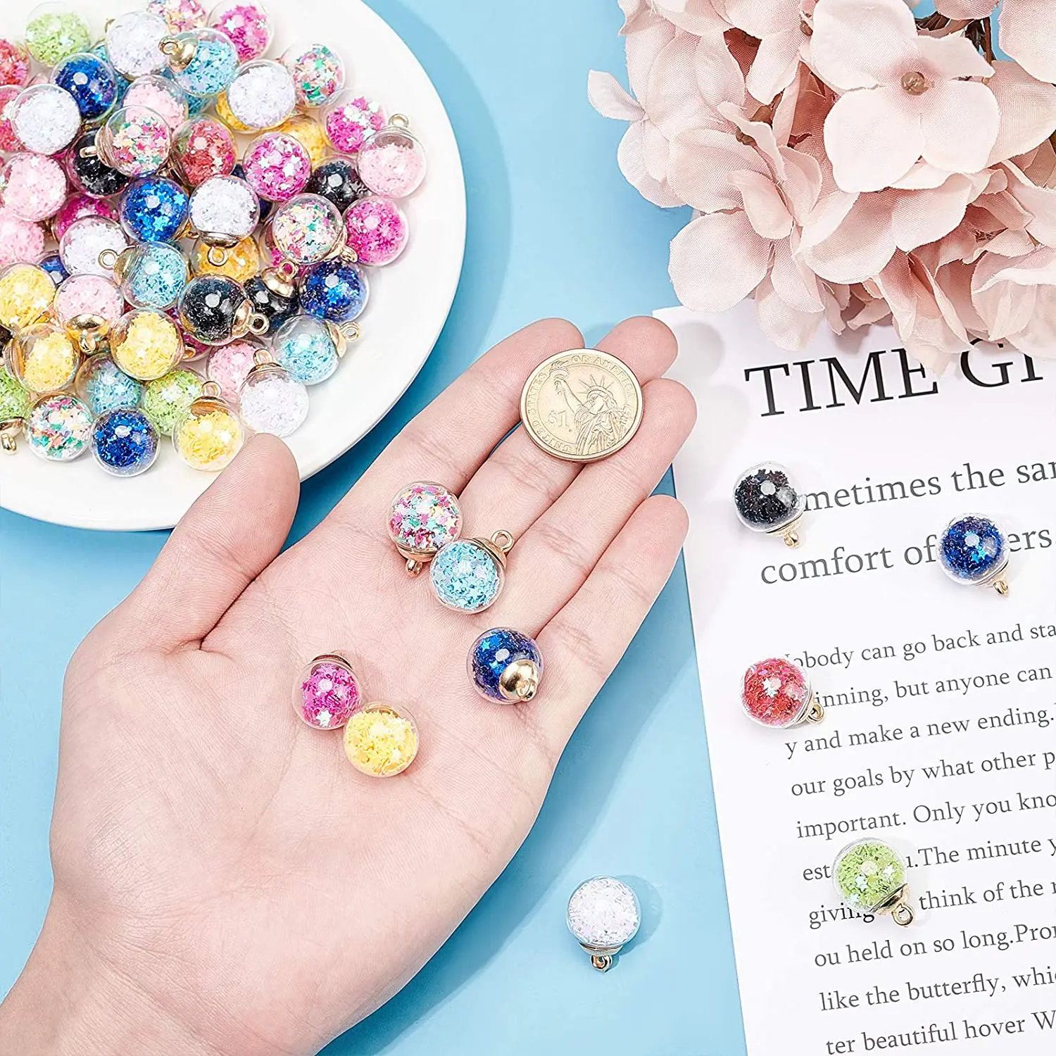 20 шт./лот 15 мм красочный прозрачный стеклянный шар со звездой и блестками кулон