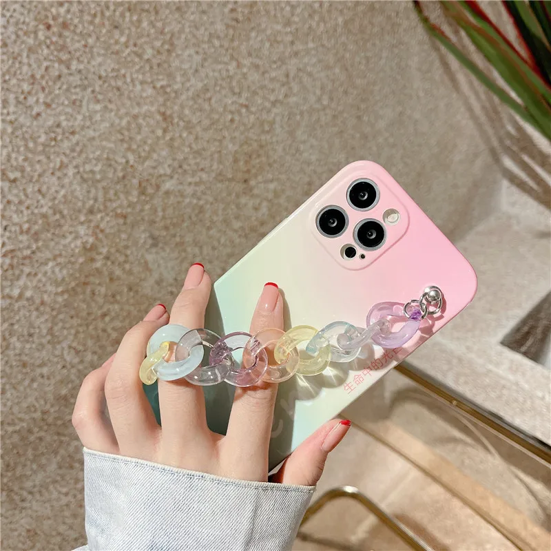 

Cute Colorful Gradient Bracelet Phone Case For iPhone 12 mini 11 Pro Max XR XS Max 7 8 Plus SE 2020 Wrist Chain Rendering Cover