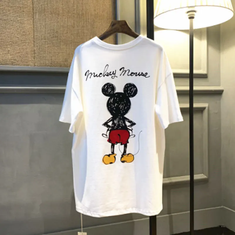 

Women T-Shirt Short Sleeve Crop Tops Summer Cartoon Casual Ladies Mickey Printing Loose Round Neck Bottoming Shirt Streetwear