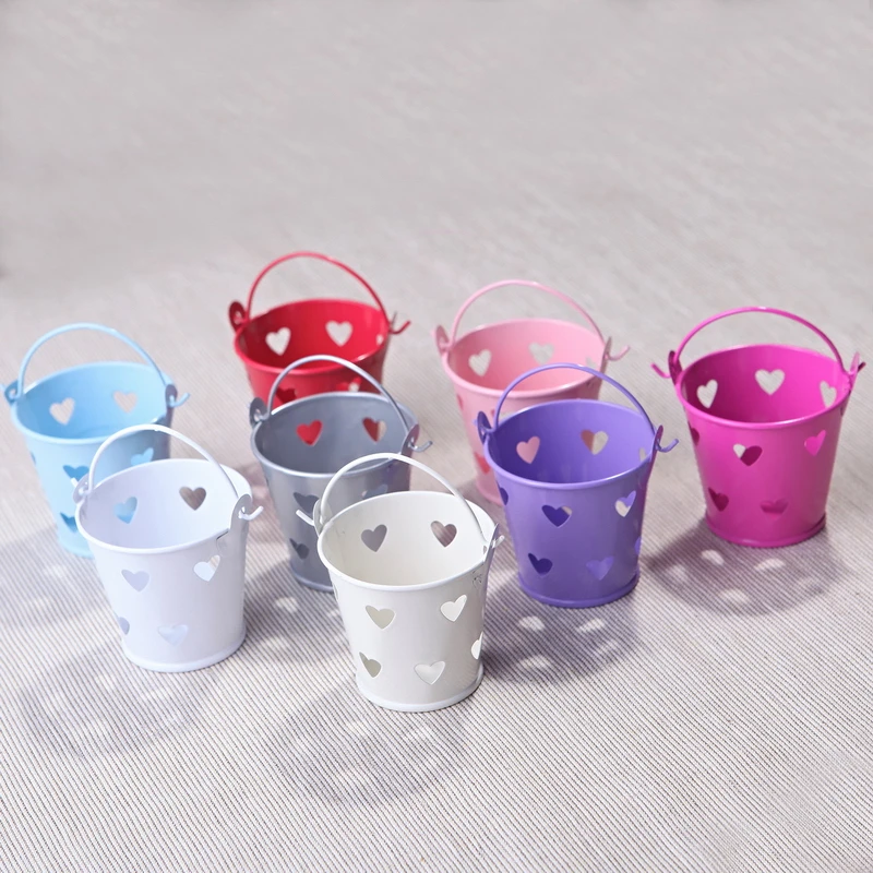 

35 Miniature Favor Pails Love Hearts Wedding Couple Small Metal Buckets for Bridal Shower, Baby Shower Favors