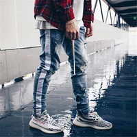 high street vintage jeans white striped rims ripped knees holes battered slim fit side zipper trousers patchwork pants