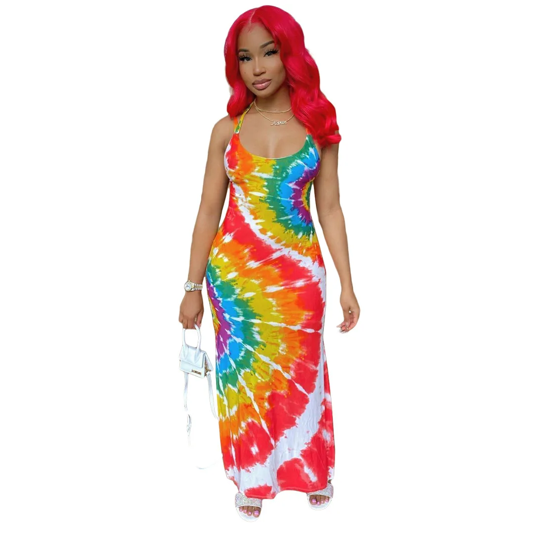 

2021 Summer Women's Positioning Printing Sling Split Open Back Sexy Dress