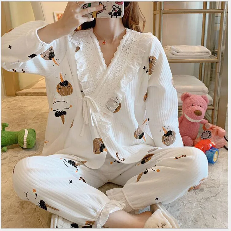 Осенняя хлопковая пижама с длинным рукавом для беременных 2 шт./компл. одежда сна