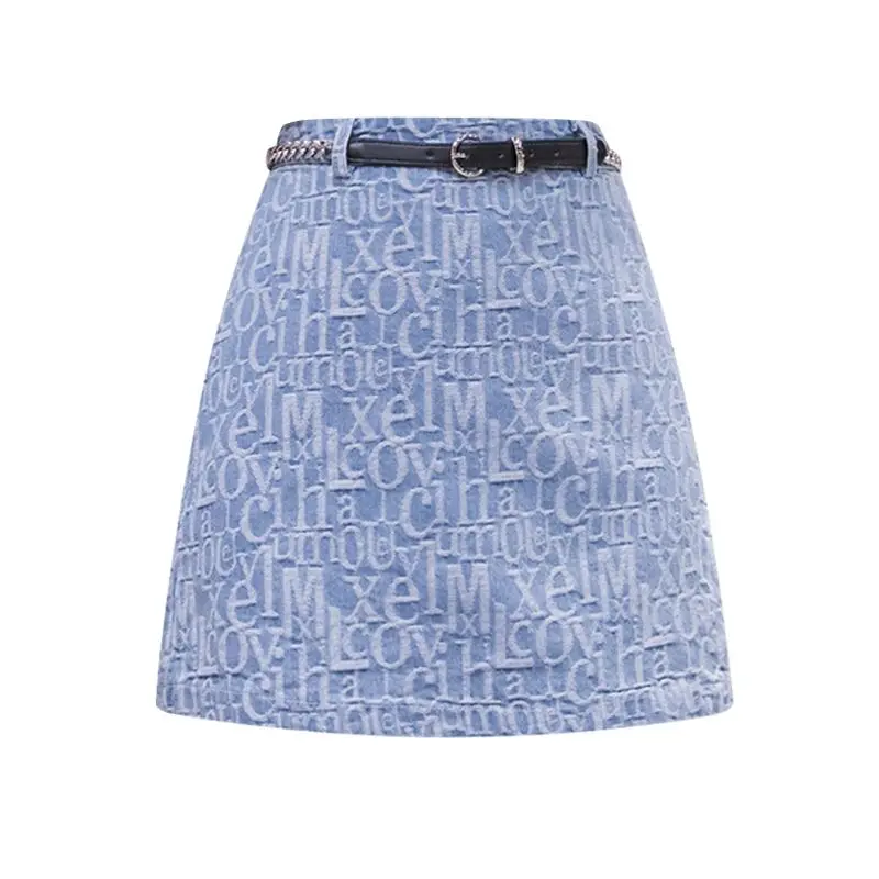 

Denim Skirts for Women 2021 Spring Summer Vintage Letter Print Skirt A-Line Short Mini Jean faldas largas mujer with Belt