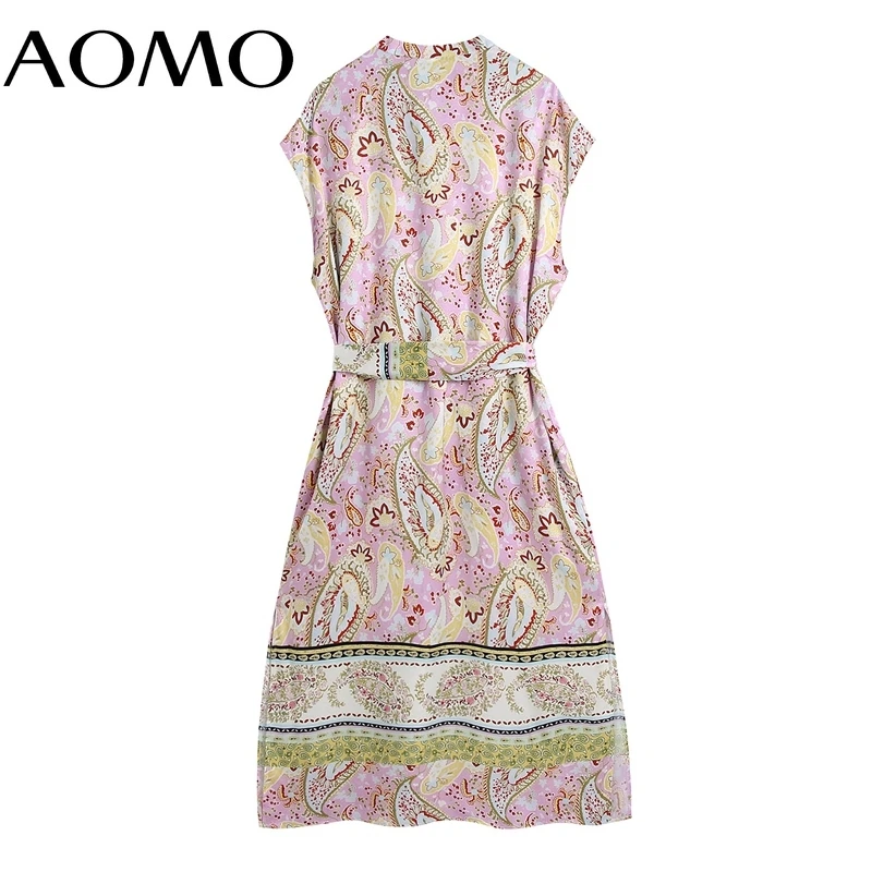

AOMO 2021 Summer Women Flowers Print Shirt Dress Sleeveless with Slash Ladies Sundress BE128A