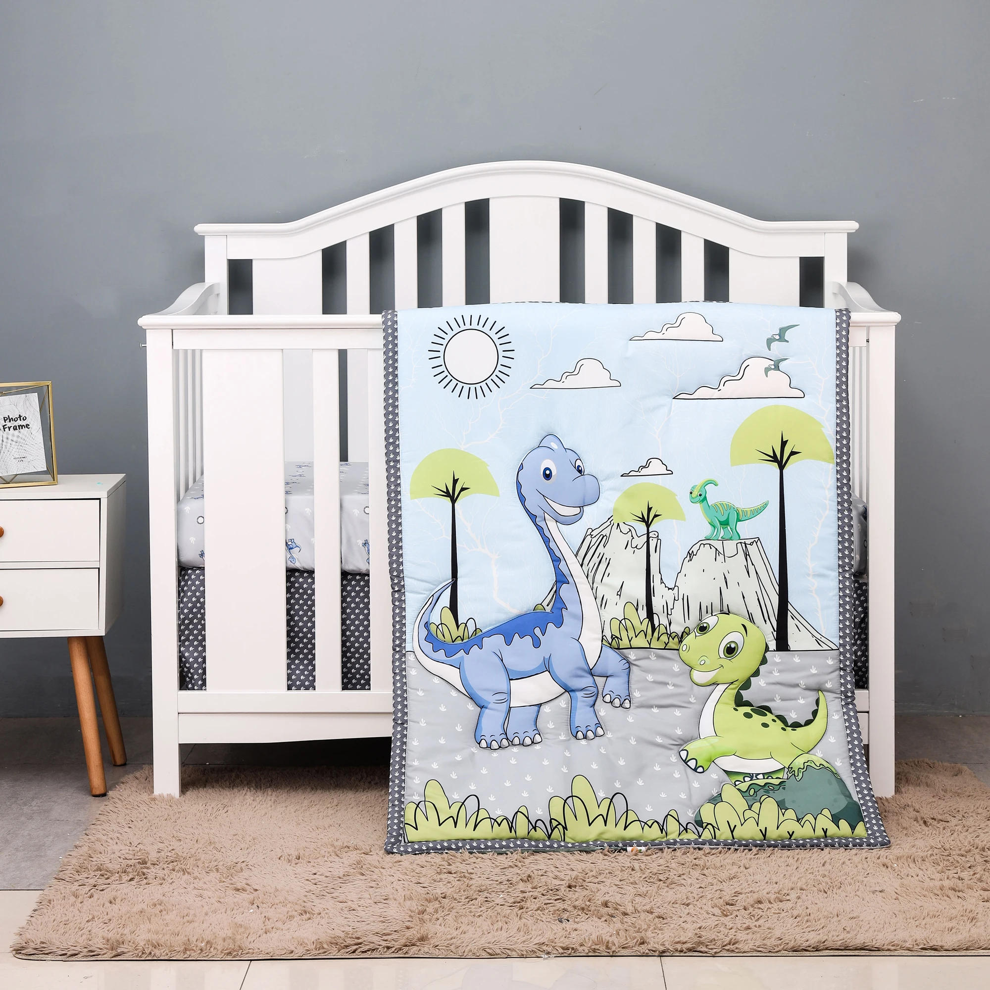 4 pcs cheep dinosaur design new design baby bedding set for boys new born-comforter, crib sheet, crib skirt and pillow case