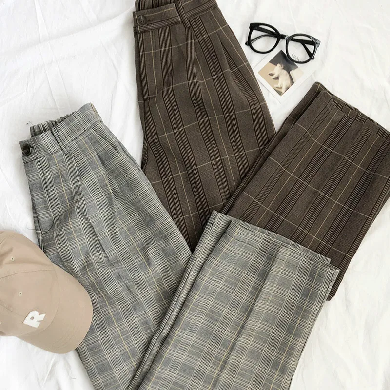 

Spring Women Wide Leg Pants Plaid Dropping Feeling Long Suit Harem Pants Female Fashion High Waist Zipper Fly Trousers 2 Colors
