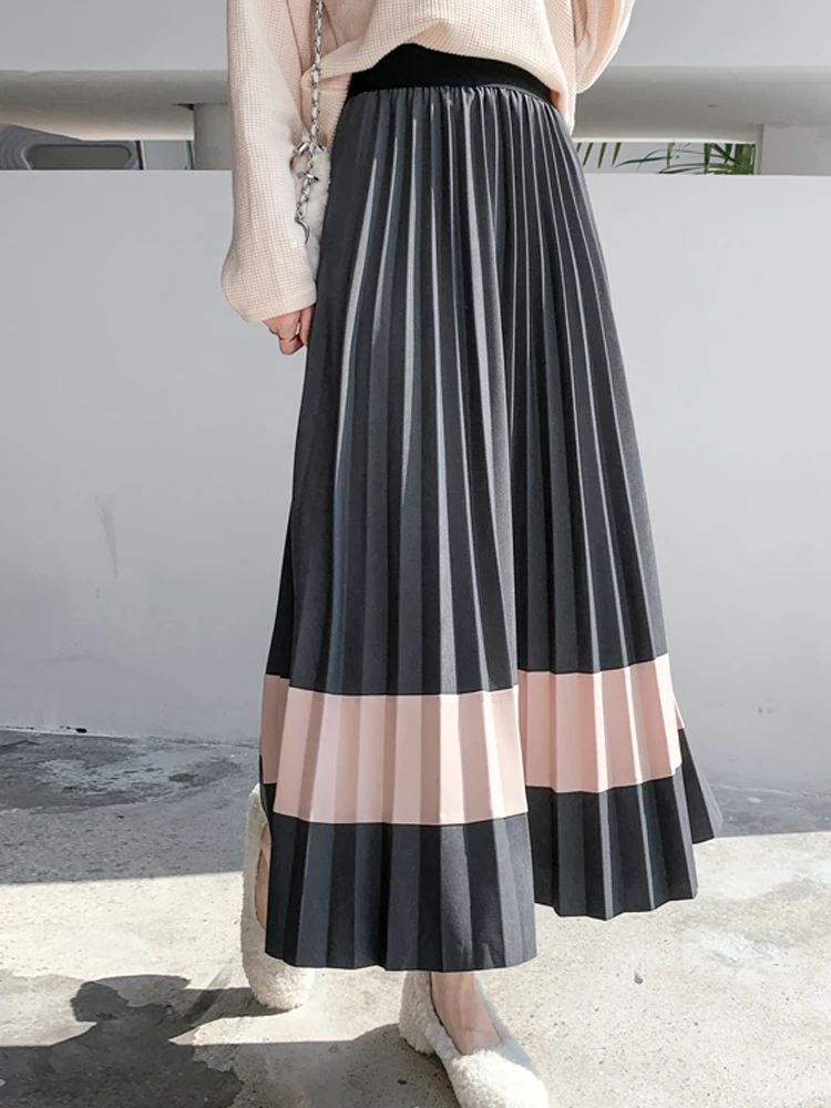

TIGENA Contrast Pleated Maxi Skirt Women 2021 Fall Winter Korean Fashion All-match A Line High Waist Long Skirt Female Ladies