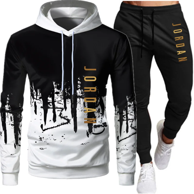

Men's spring and autumn hooded custom solid color printed T-shirt comfortable leisure top fashion + pants leisure running
