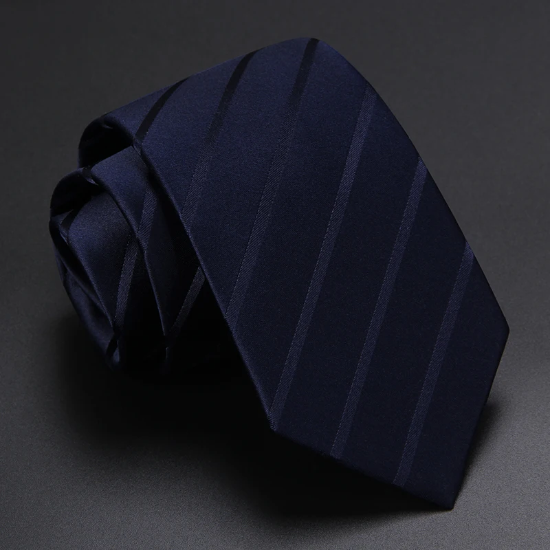 

High Quality 2019 New Designers Brands Fashion Business 7cm Slim Ties for Men Silk Navy Blue Striped Necktie Work with Gift Box