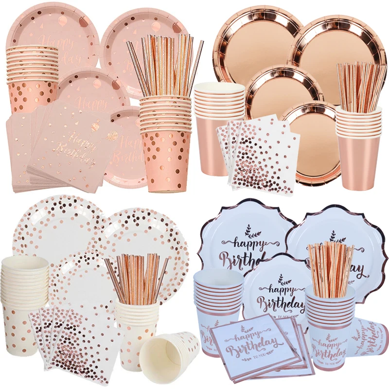 

Rose Gold Party Disposable Tableware Set Foil Dots Paper Towel Cup Plate Girls Birthday Party Decorations Wedding Tableware
