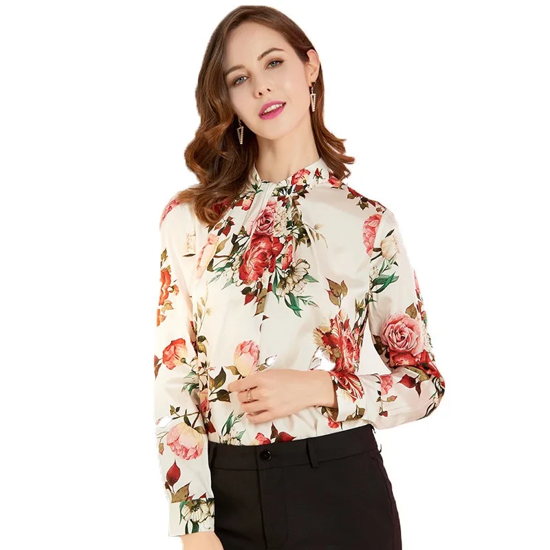 2019 осень Глория и грация шелк бежевая Роза цветочный узор принт бант элегантная