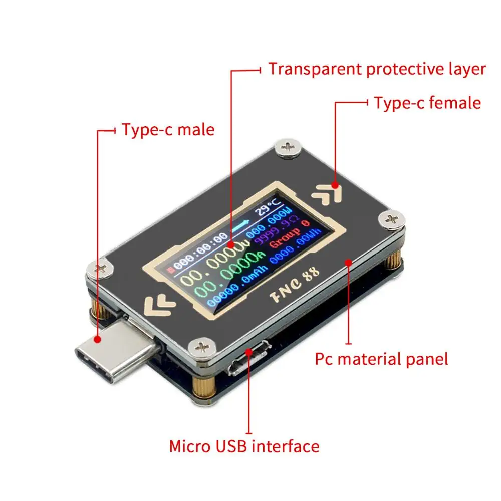FNC88 Type-C PD триггер USB-C Вольтметр Амперметр Напряжение 2-полосный измеритель тока