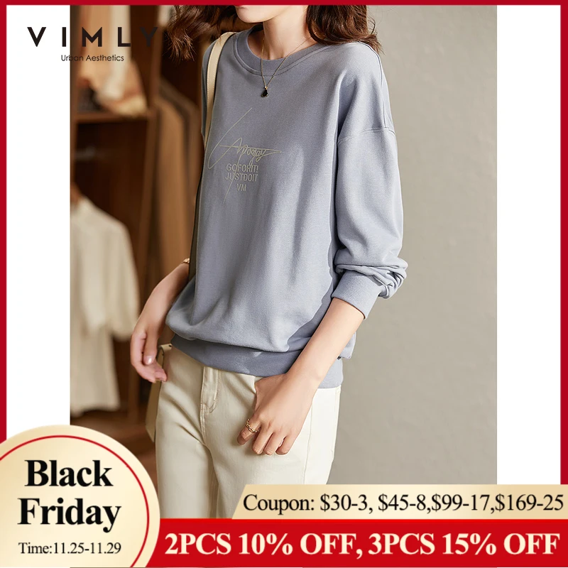 

VIMLY Sweatshirt Women Fashion Round Neck Letter Print Pullover Casual Clothes Long Sleeve Cotton Sweatshirts Female Tops F8852