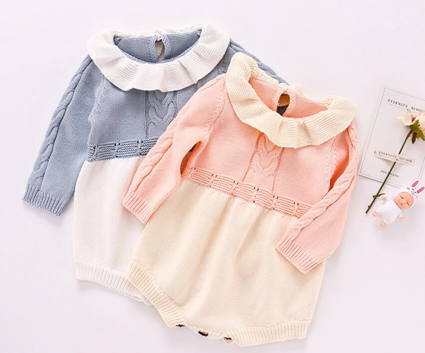 

Newborn Toddler Girls Knitted Sweater Romper, Long Sleeve Ruffle Neck Winter Princess Style Jumpsuit