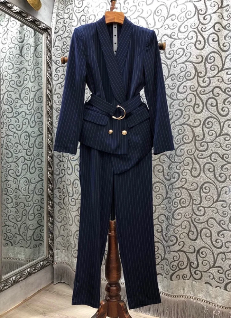 

Fashion 2021 Autumn Business Set Women Notched Collar Striped Print Blazer Jacket+Skinny Leg Pant Sets Ladies Elegant Work Suits